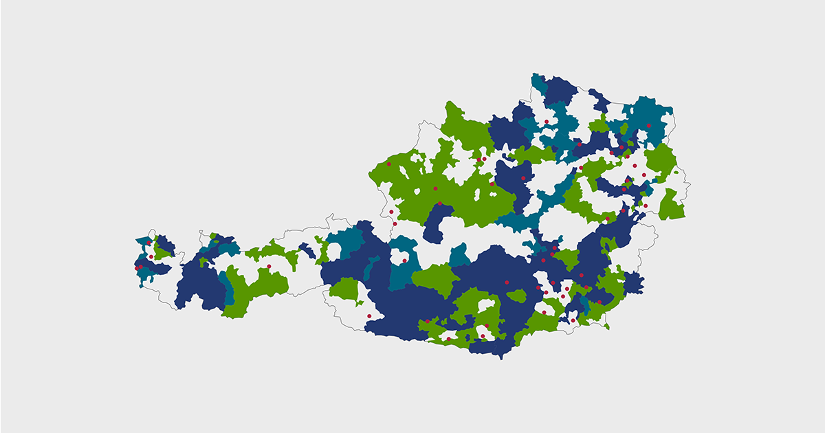 Landkarte Österreich mit KEM-, KLAR-Regionen und Pionierstädten