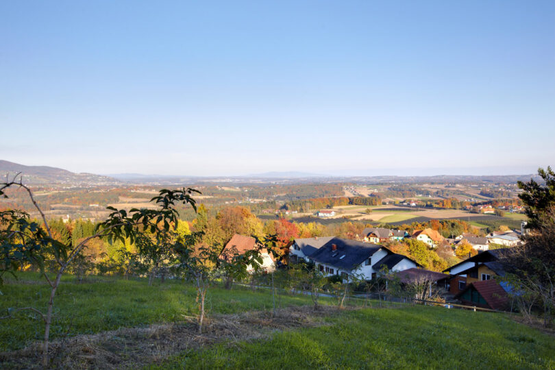 Wiese mit Obstbäumen vor Ortsgebiet an einem Hügel.