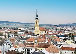 Stadtpanorama mit barocker Kirche im Zentrum, roten Ziegeldächern und weitem Blick auf das Hügelland.