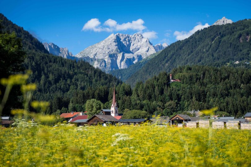Blühende Wiese mit Alpendorf, spitzem Kirchturm und Kapelle, umgeben von dichten Wäldern und Felsbergen.