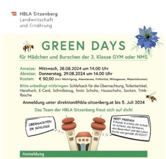 Flyer für das "Green Days" Event in der HBLA Sitzenberg, dargestellt sind Infos zu Daten, Kosten und Registrierung.