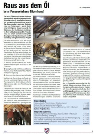 Zeitungsartikel zu "Raus aus dem Öl beim Feuerwehrhaus Sitzenberg!" mit Bildern eines Dachbodens einer Feuerwehrstation mit einem neu installierten Pellet Heizsystem.