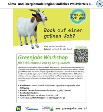 Workshop-Flyer mit einer abgebildeten Ziege, der Greenjobs für Schüler:innen im Alter von 15 bis 19 Jahren im Waldviertel bewirbt.