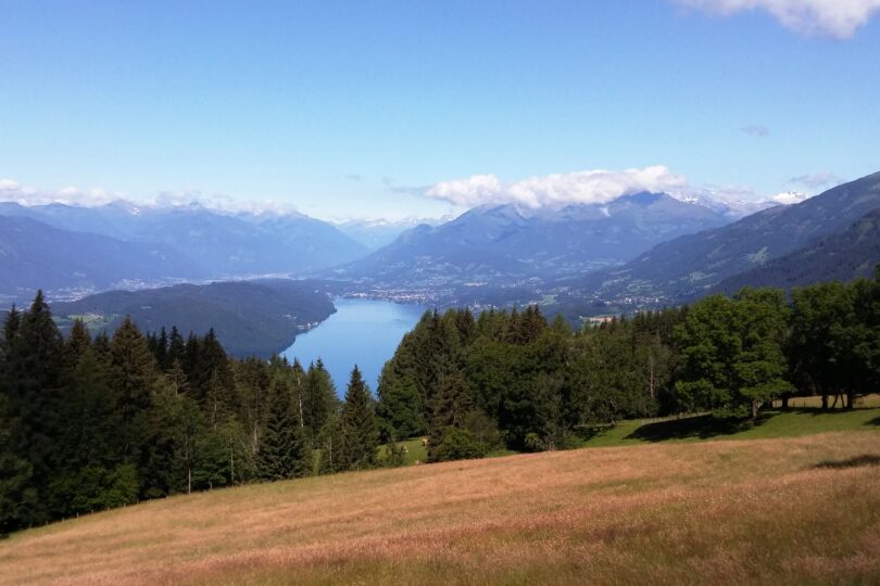 Blick über eine Almwiese auf den Millstätter See, umrahmt von Wäldern und Bergen mit teils Schneegipfeln.