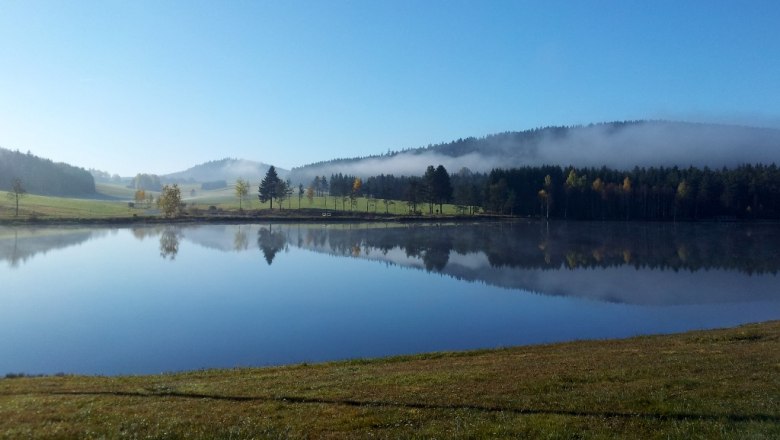 Spiegelglatter See mit morgendlichem Nebel, umgeben von Wiesen, Bäumen und bewaldeten Hügeln.