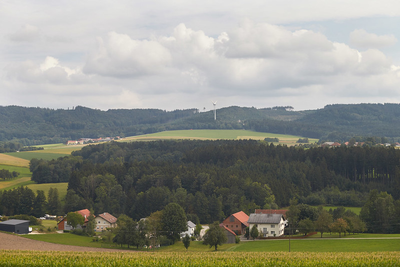 Wohngebiet eingebettet zwischen Bäumen, dahinter offene Felder, Wälder und ein Windrad.
