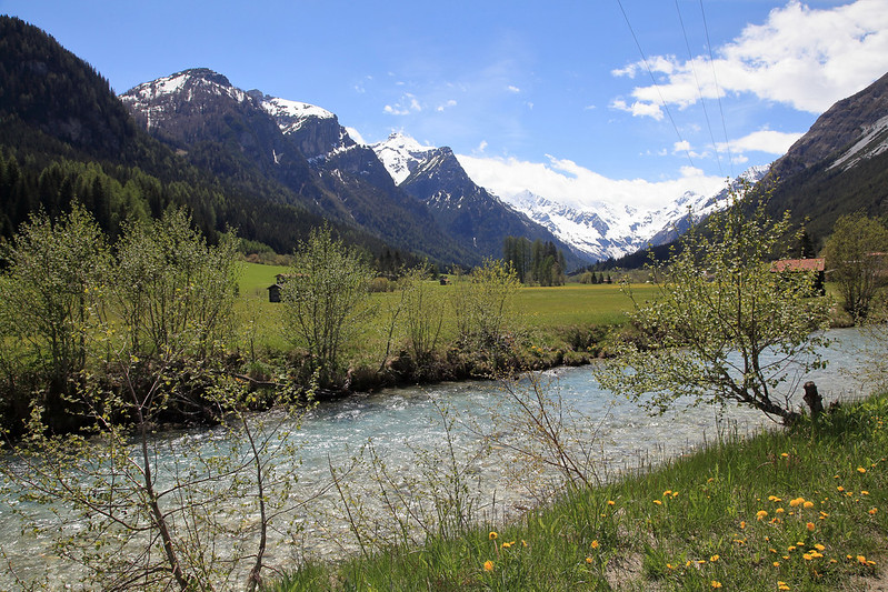 Kleiner Bach fließt entlang von Wiesen und Sträuchern, im Hintergrund Berge.