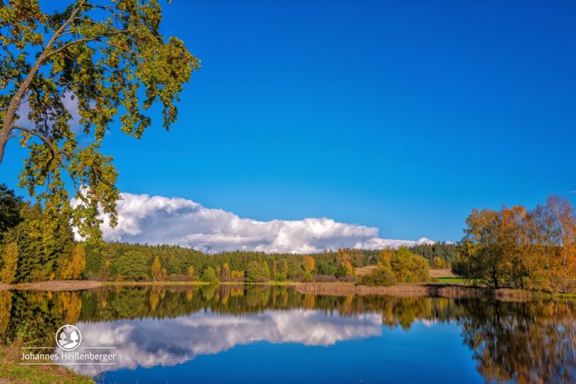 Herbstliche Landschaft mit klarem See, in dem sich Bäume, Wolken und blauer Himmel spiegeln.