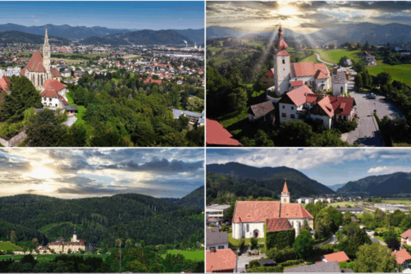 Hügellandschaft, jeweils aus der Vogelperspektive aufgenommen, teils bei Sonnenuntergang