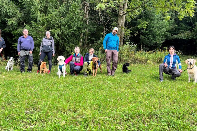 Sechs Personen stehen und sitzen auf einer Wiese, umgeben von Bäumen. Vor ihnen sitzen sieben Hunde verschiedener Rassen.