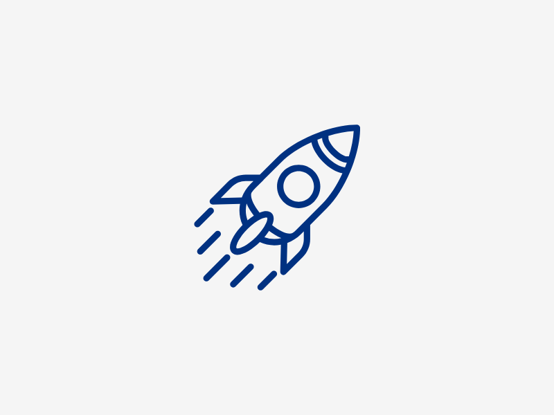 Blaues Symbol einer Rakete, die nach oben fliegt, mit drei Abgasstrahlen.