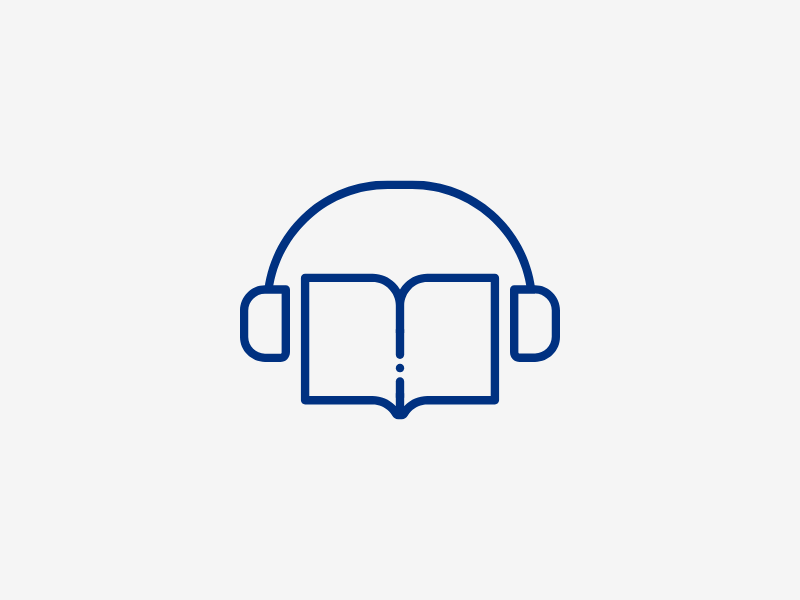 Ein blauer Kopfhörer über einem offenen Buch, symbolisiert Texte und Audioinhalte.