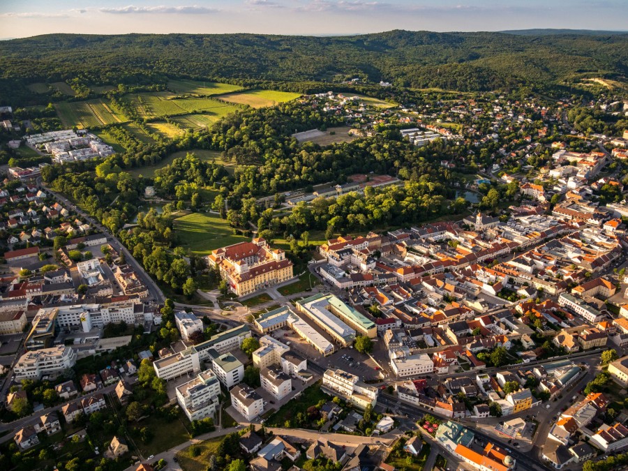 Luftaufnahme einer Stadt mit Wohngebieten, grünen Parks und einem großen Gebäude in der Mitte, umgeben von Bäumen und Feldern.