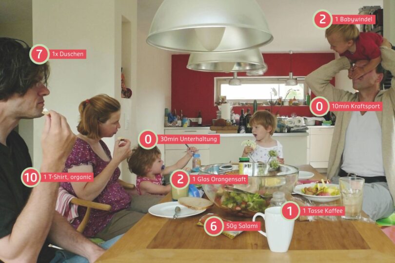Familie beim Frühstückstisch, dargestellt mit Zahlen zu ihrem Energieverbrauch für alltägliche Aktivitäten.