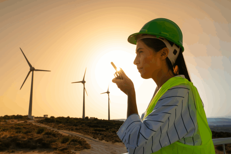 Frau vor Windrädern