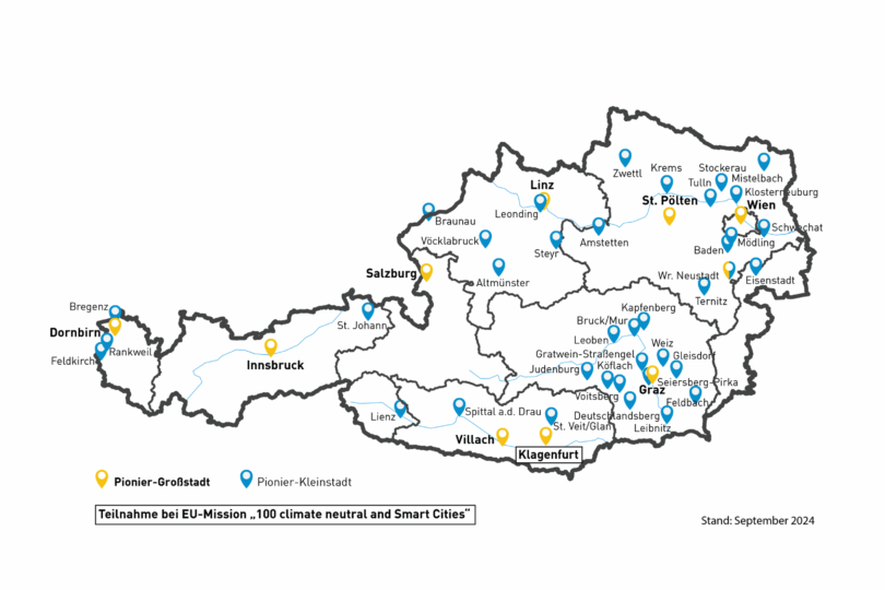 Karte von Österreich mit markierten Städten, die an der EU-Mission '100 klimaneutrale und smarte Städte' teilnehmen.