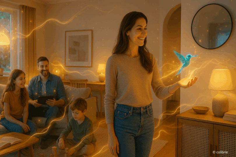 Animierte Frau mmit Kolibri in der Hand. Im Hintergrund sitzt Familie im Hintergrund. Goldene Linien fließen durch das Bild.