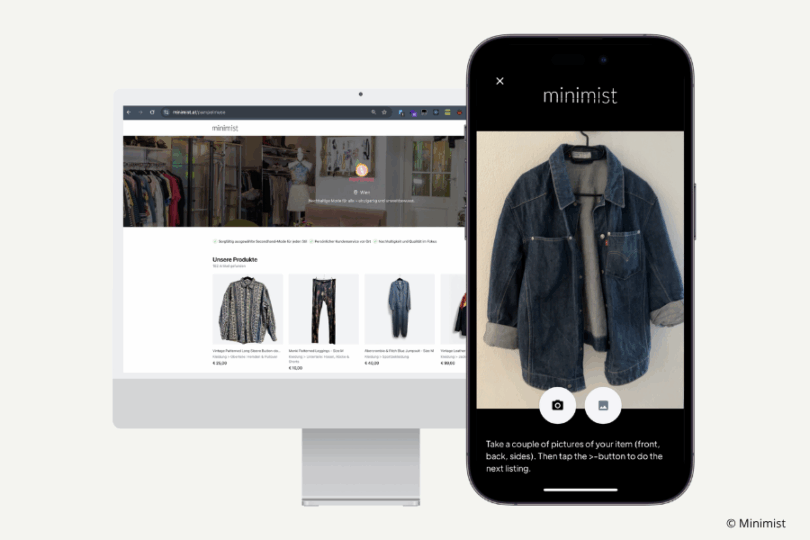Darstellung eines PCs und eines Handys, wo eine Webseite mit Kleidungsstücken gezeigt wird.