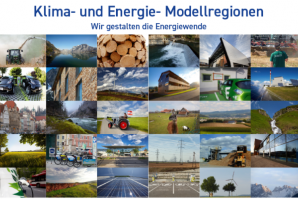 Collage mit Bilders aus verschiedenen Regionen in der Landwirtschaft, Industrie und Natur. Der Titel "Klima- und Energie- Modellregionen Wir gestalten die Energiewende" wird dargestellt.