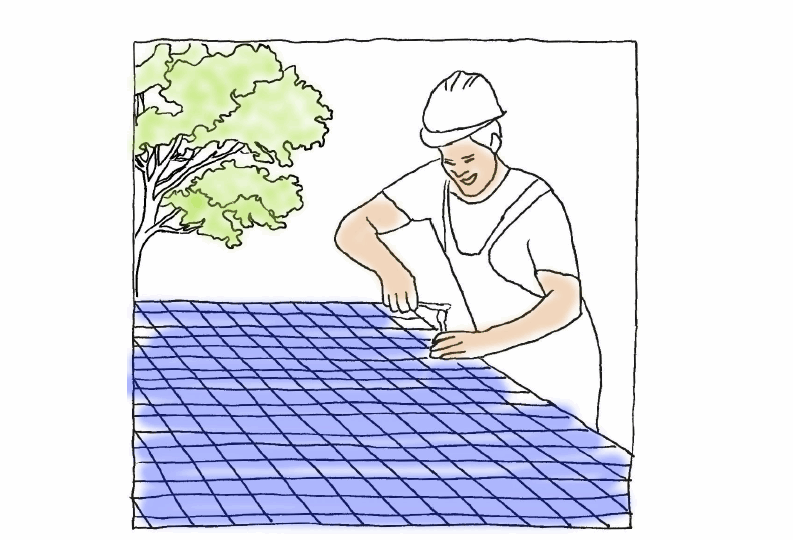 Gezeichnete Darstellung einer Person, die ein Solarpanel montiert, im Hintergrund ein Baum.