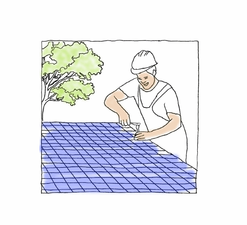 Gezeichnete Darstellung einer Person, die ein Solarpanel montiert, im Hintergrund ein Baum.
