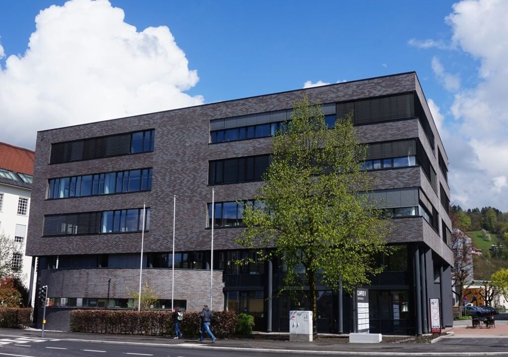 Modernes Bürogebäude mit dunkler Klinkerfassade und großflächigen Fenstern, fünf Geschosse, vorgelagerter Baum und Gehweg, blauer Himmel mit Wolken, angrenzende Straße mit Zebrastreifen im Vordergrund.