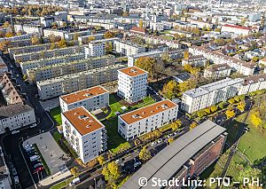 Luftaufnahme über Franckvierterl in Linz mit Wohnbauten.