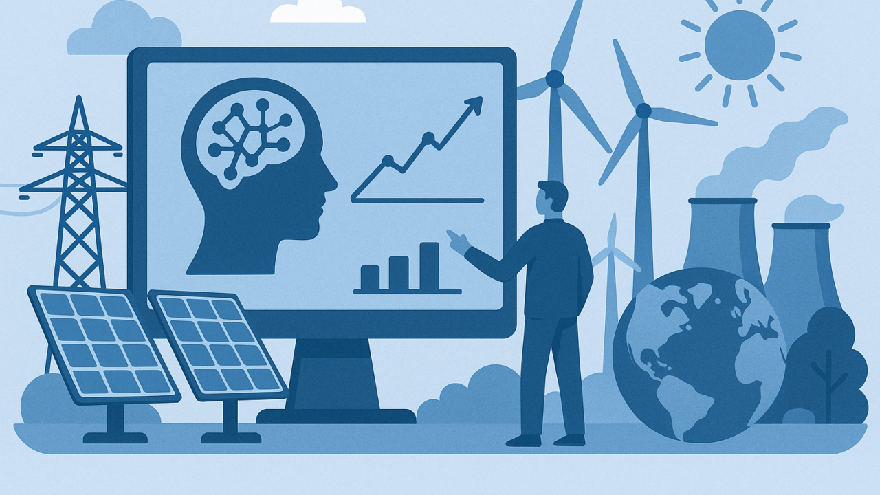 Illustration in Blautönen: Eine Person analysiert auf einem großen Bildschirm KI-Daten zur Energieoptimierung. Umgeben ist sie von Symbolen der Energieinfrastruktur – Solarzellen, Windräder, Strommast, Kühltürme und einer stilisierten Erde – als Verknüpfung von Technologie und Klimaschutz.