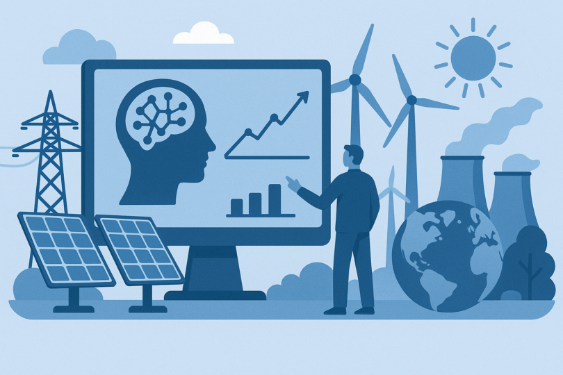Illustration in Blautönen: Eine Person analysiert auf einem großen Bildschirm KI-Daten zur Energieoptimierung. Umgeben ist sie von Symbolen der Energieinfrastruktur – Solarzellen, Windräder, Strommast, Kühltürme und einer stilisierten Erde – als Verknüpfung von Technologie und Klimaschutz.