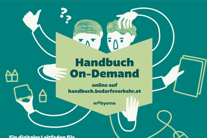 Illustration für „Handbuch On-Demand" mit zwei animierten Figuren, die ein großes Buch lesen.