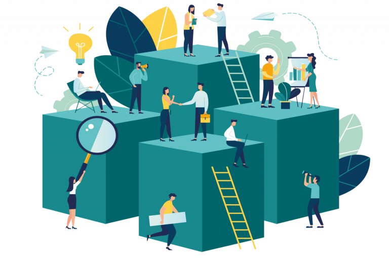 Man sieht eine bunte Illustration in grün, blau und gelb Tönen. Auf vier unterschiedlich großen Quadern stehen kleine illustrierte Personen, die telefonieren, sich unterhalten oder am Computer arbeiten.