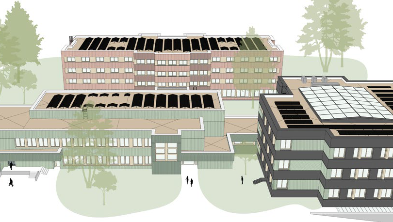 Dreiteiliger Gebäudekomplex mit Flachdächern, Solarpaneelen auf den Dächern und mehreren Bäumen im Umfeld, Personen gehen auf Wegen.