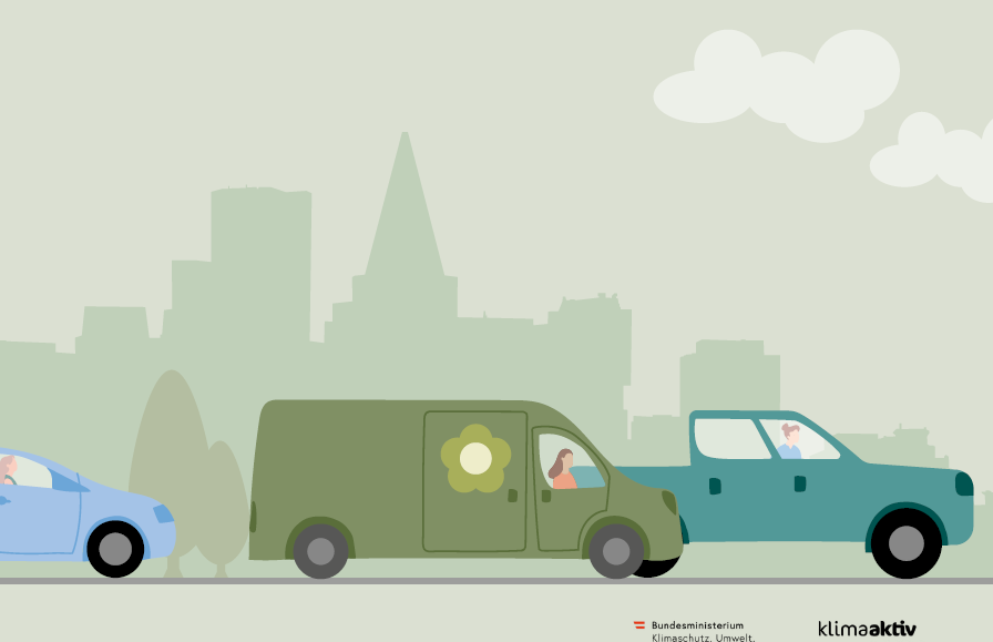 Drei Fahrzeuge in einer stilisierten Stadtlandschaft: ein blaues Auto, ein grüner Lieferwagen mit einem Blumenemblem und ein türkisfarbener Lastwagen.