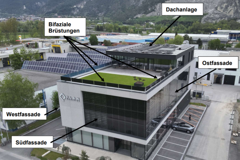 Ein modernes Bürogebäude mit beschrifteten Fassaden und Solaranlagen.