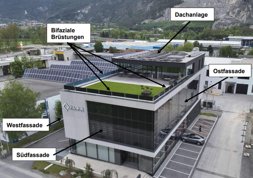 Ein modernes Bürogebäude mit beschrifteten Fassaden und Solaranlagen.