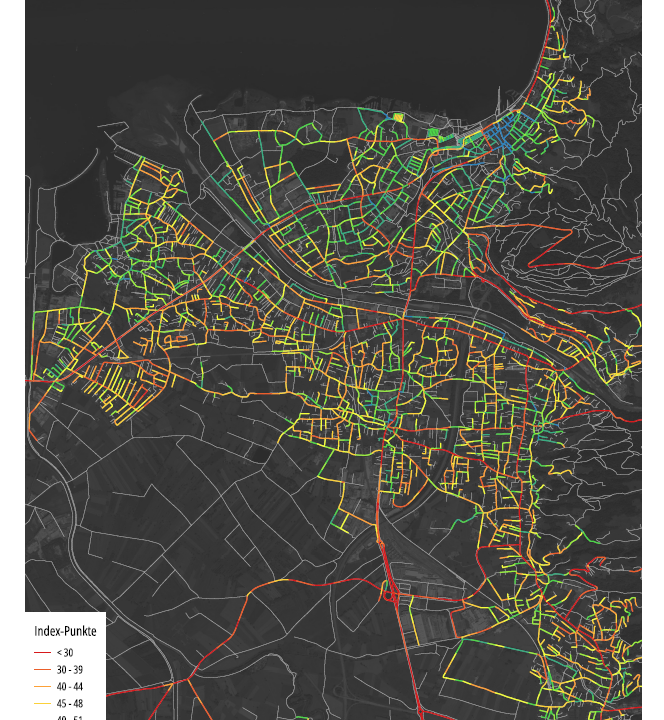 Straßenkarte von Bregenz, Straßen eingefärbt nach "Vitale Straßen Index"