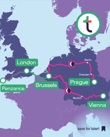 Reiseroute von Wien bis Cornwall mit Zwischenstopps auf einer Landkarte dargestellt