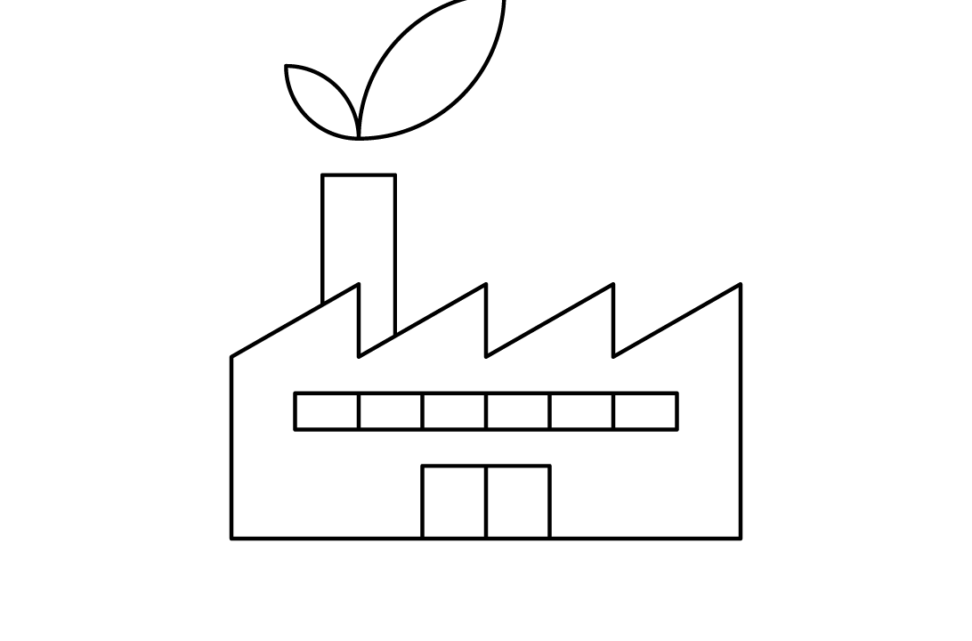 Icon: Fabriksgebäude mit Schornstein aus dem ein grünes Blatt ragt